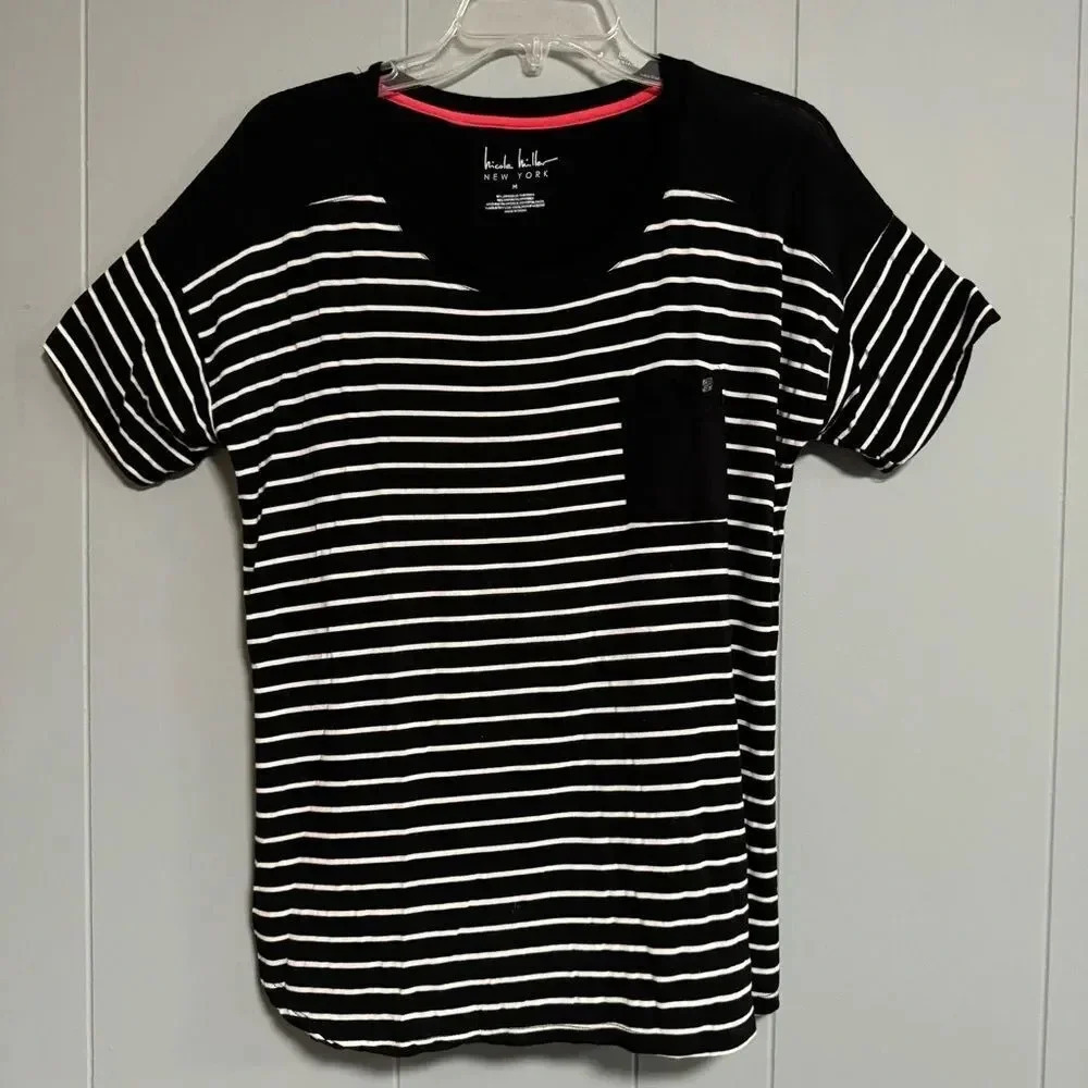 NICOLE MILLER Black and White Stripe Short Sleeve T-Shirt Size Medium